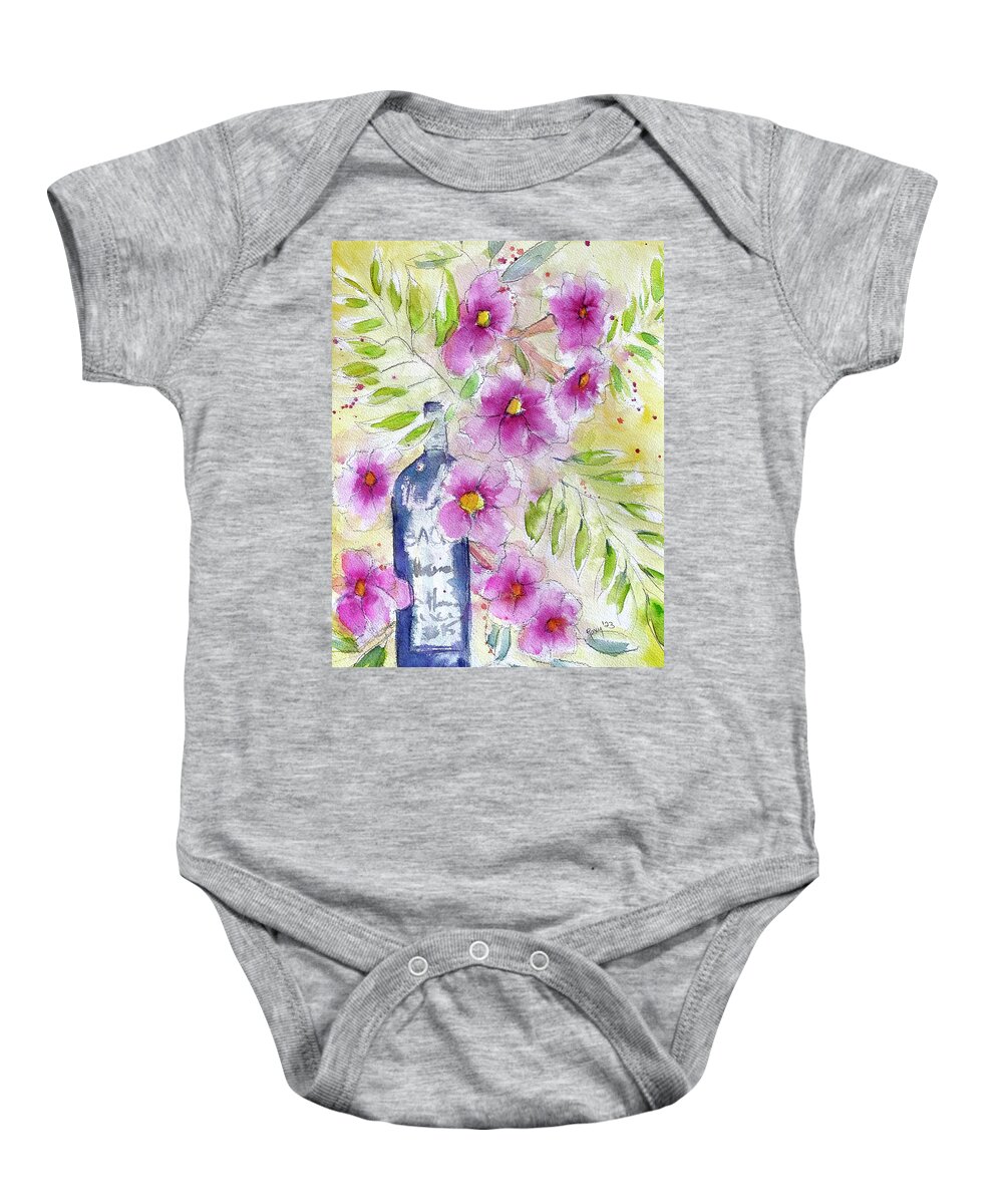 Wine Bottle Baby Onesie featuring the painting Bottle and Blooms by Roxy Rich