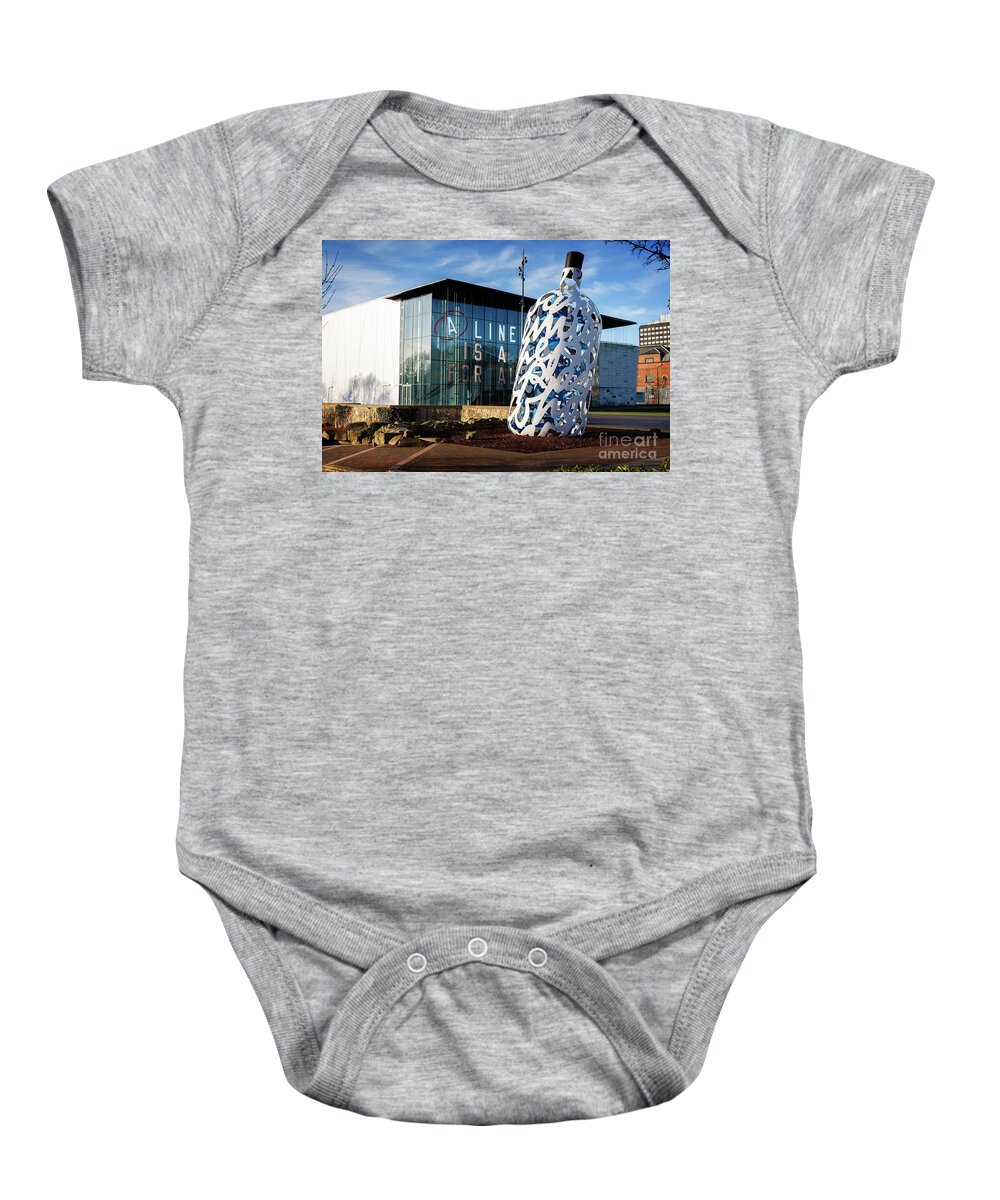 Bottle O' Notes Baby Onesie featuring the photograph Bottle O' Noters sculpture in Middlesbourgh. by Phill Thornton