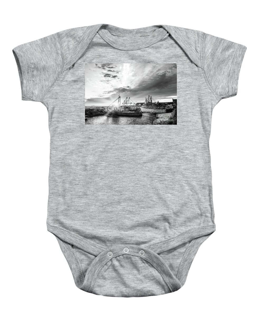 Norfolk Baby Onesie featuring the photograph Brancaster Norfolk fishing trawlers at sunrise BW by Simon Bratt