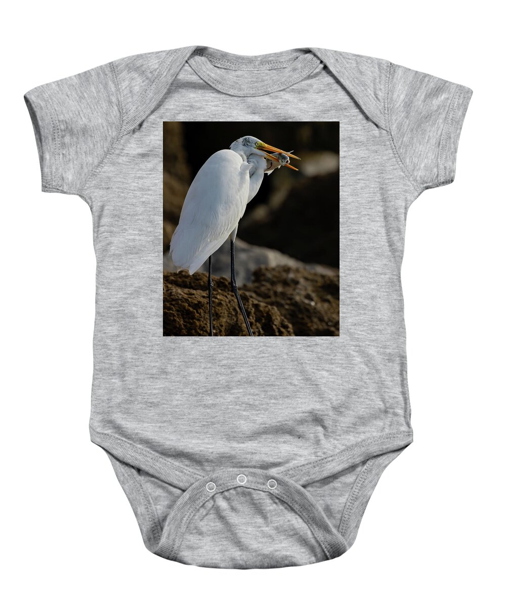 Great Egret Baby Onesie featuring the photograph Breakfast on the rocks by RD Allen