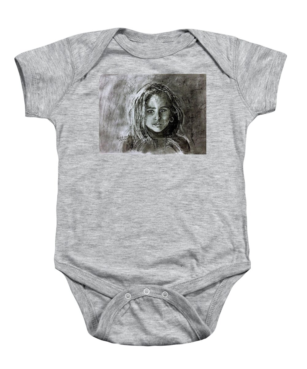 Portrait Baby Onesie featuring the painting Bright eyes by Khalid Saeed
