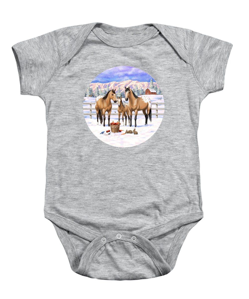 Horses Baby Onesie featuring the painting Buckskin Appaloosa Horses In Snow by Crista Forest