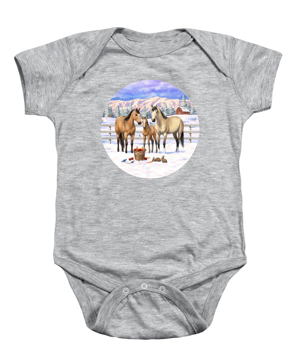 Horses Baby Onesie featuring the painting Buckskin Quarter Horses In Snow by Crista Forest
