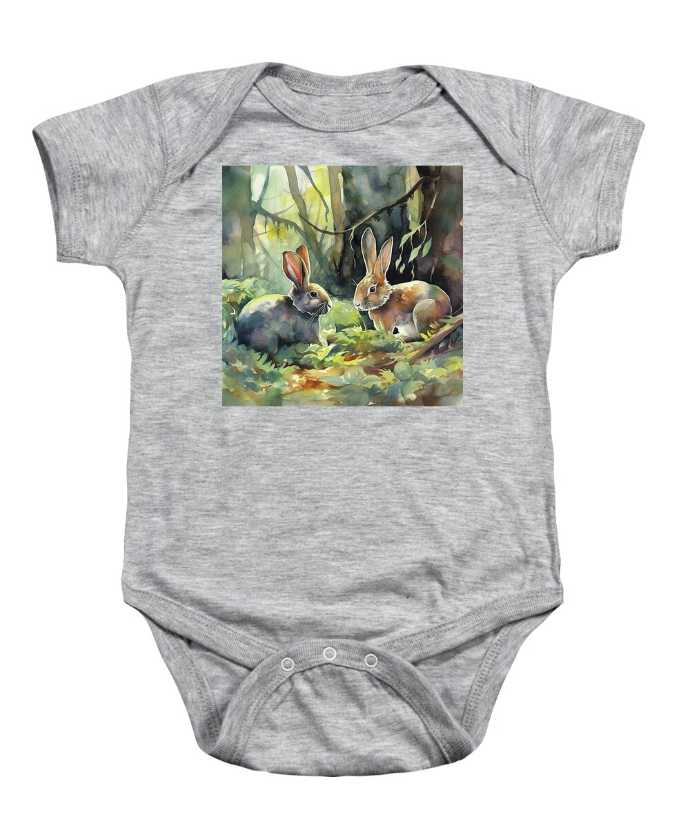 Springtime Baby Onesie featuring the digital art Bunnies in the Woods by Annalisa Rivera-Franz