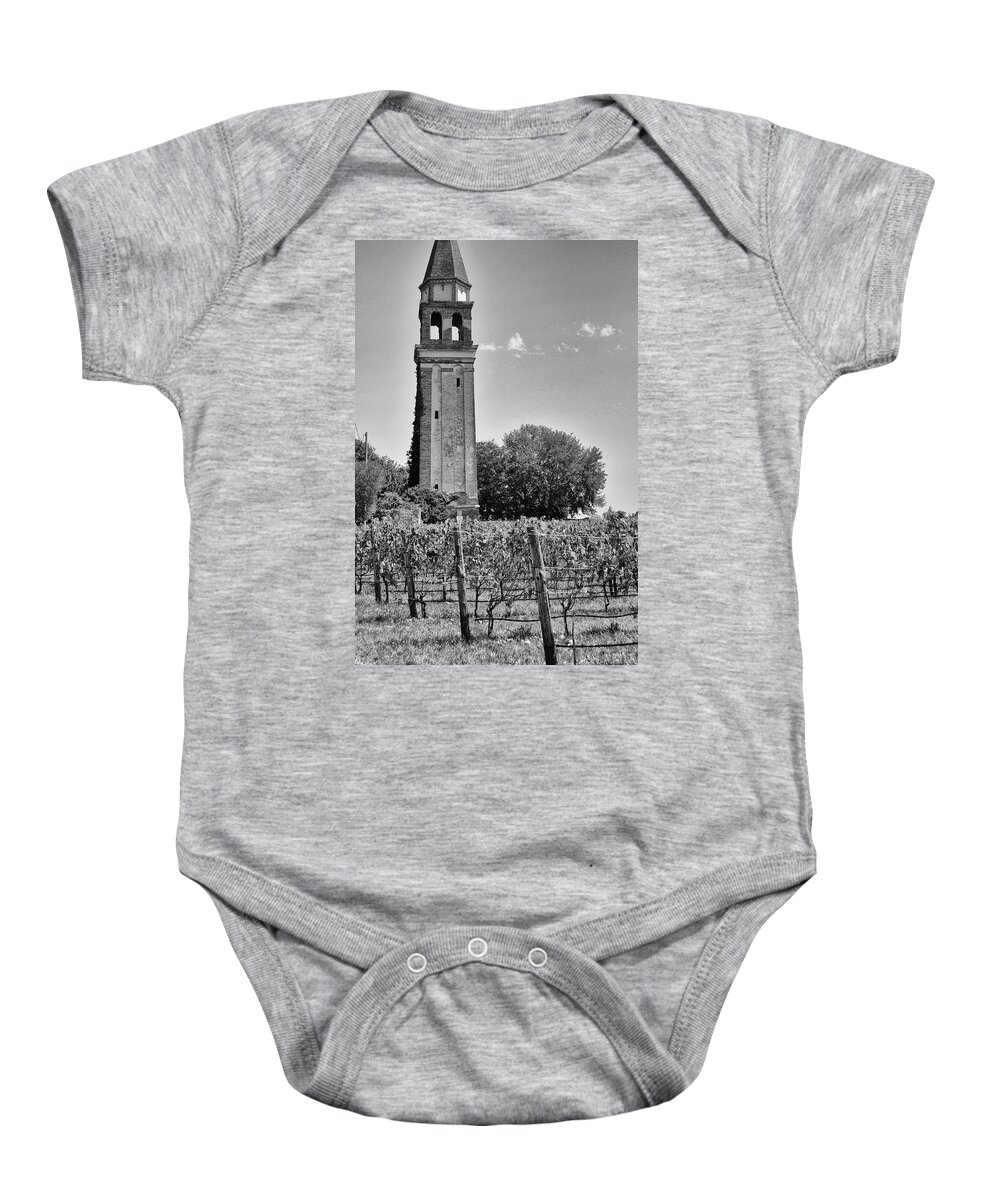 Burano Baby Onesie featuring the photograph Burano Italy Bell Tower and Vineyard Black and White by Shawn O'Brien