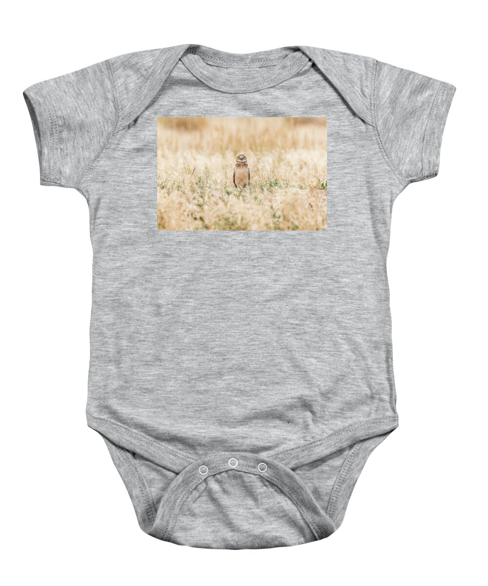 Owl Baby Onesie featuring the photograph Burrowing Owl Owlet Says Hello by Tony Hake