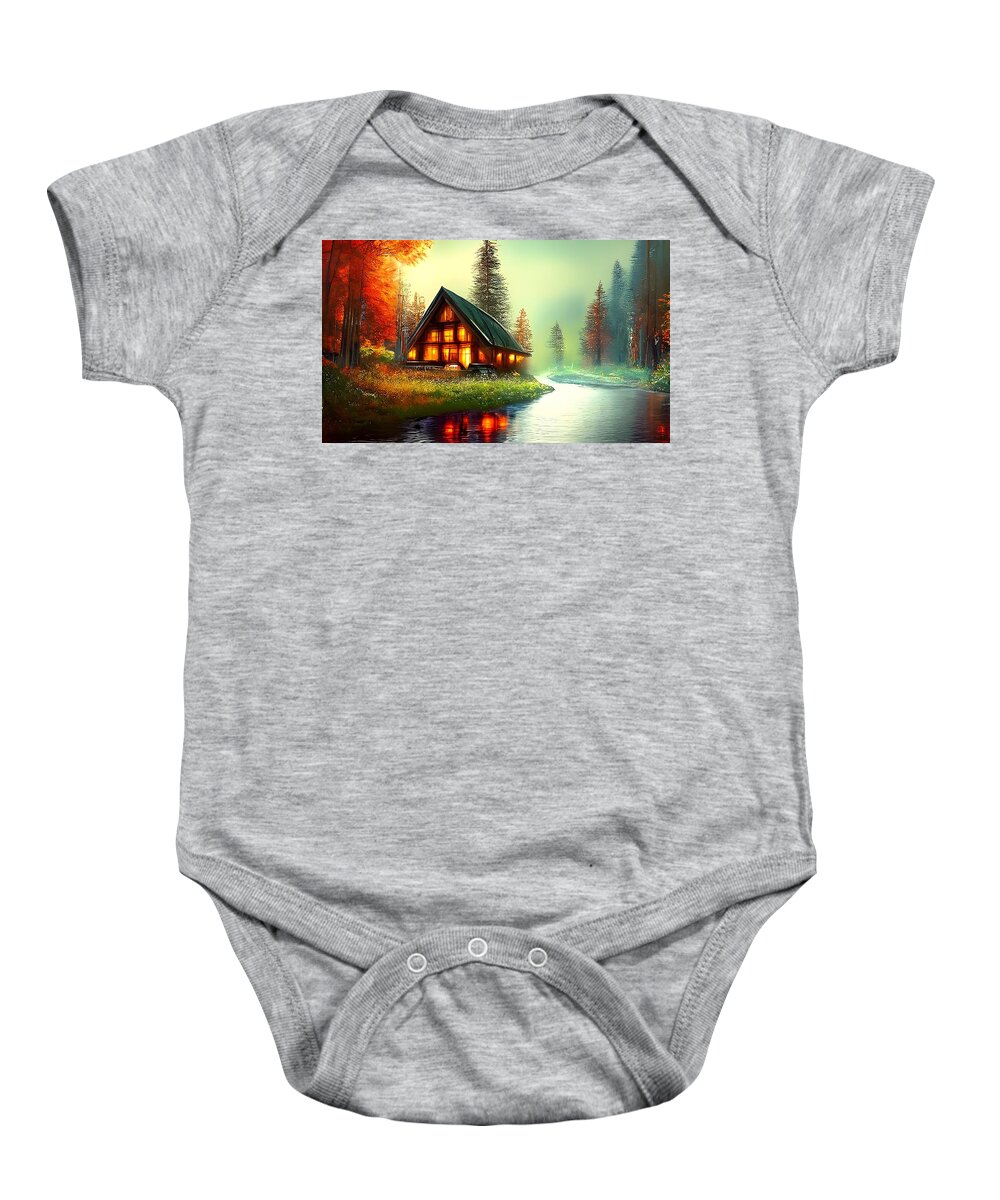 Digital Baby Onesie featuring the digital art Cabin on a River by Beverly Read