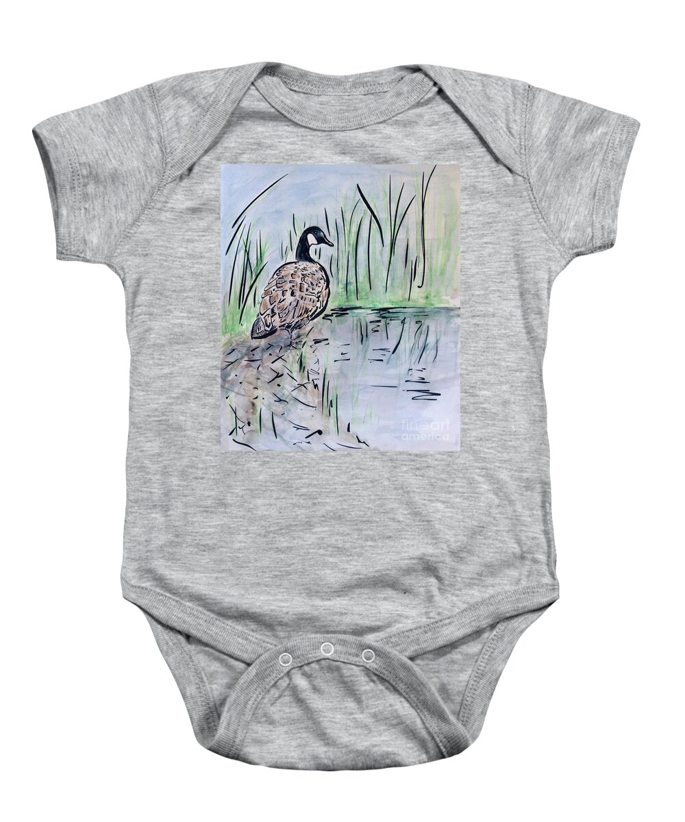 Canada Goose Baby Onesie featuring the painting Canada Goose by Waterside by Maxie Absell