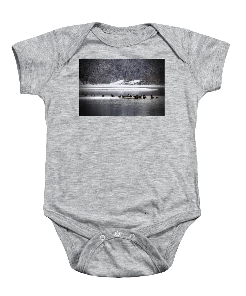 Waterfowl Baby Onesie featuring the photograph Canadian Geese Gathering by Mary Walchuck