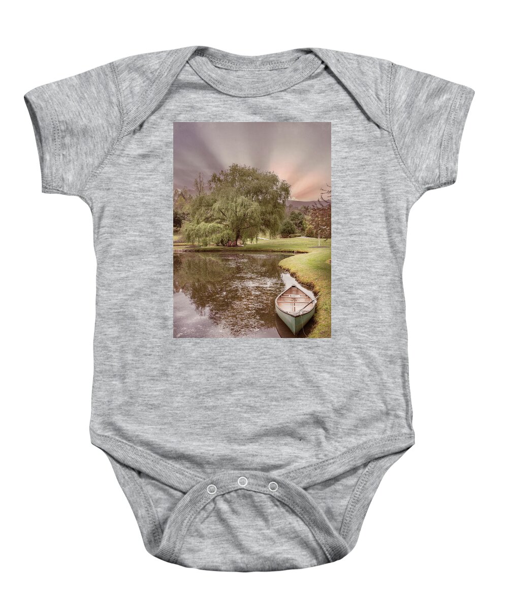 Blairsville Baby Onesie featuring the photograph Canoe under Sunrise at the Lake by Debra and Dave Vanderlaan
