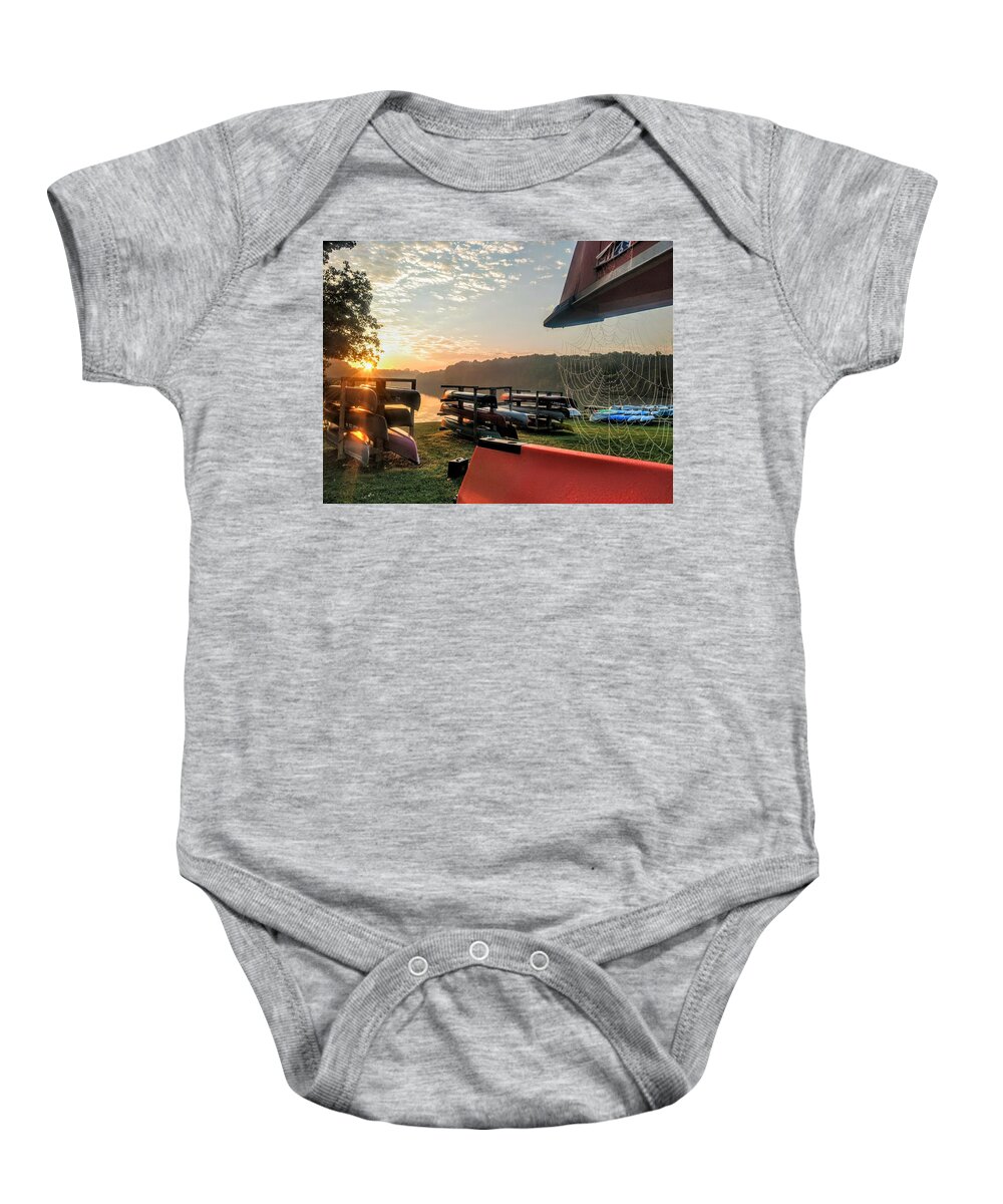  Baby Onesie featuring the photograph Canoes and Spiders at Dawn by Brad Nellis