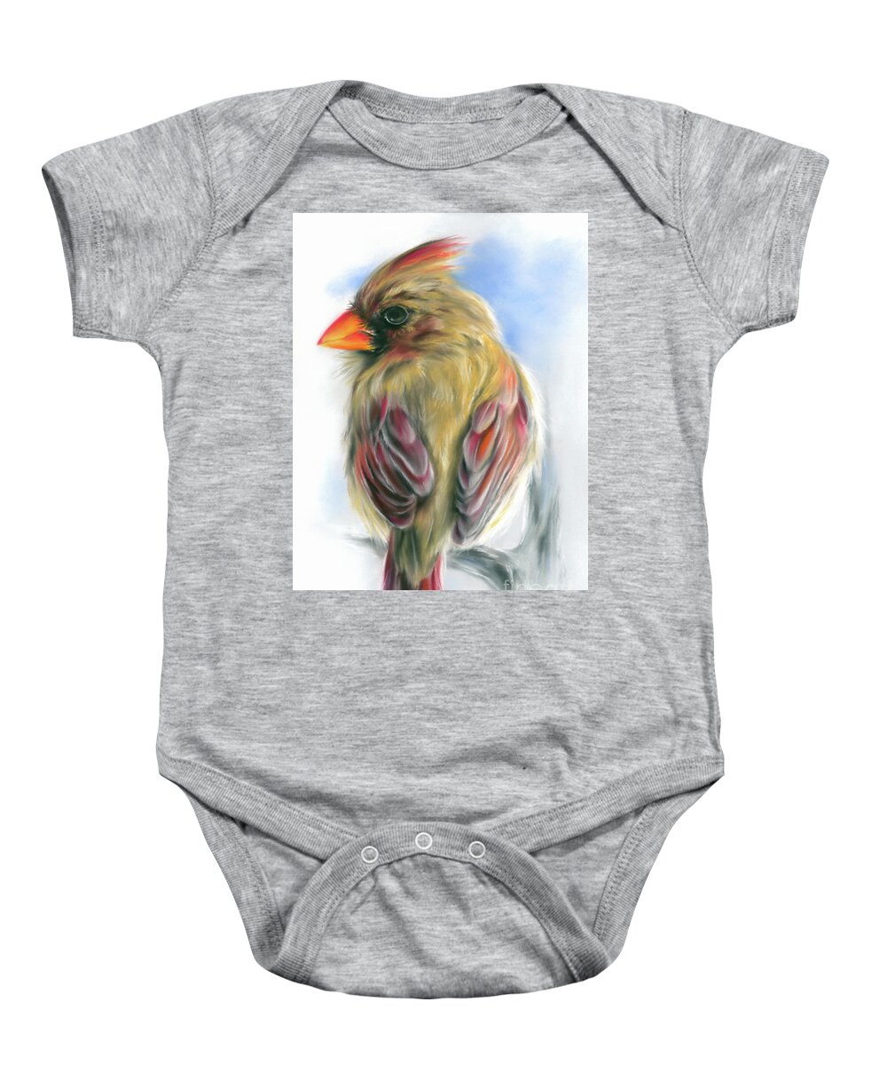 Bird Baby Onesie featuring the painting Cardinal Female on a Branch with Winter Sky by MM Anderson