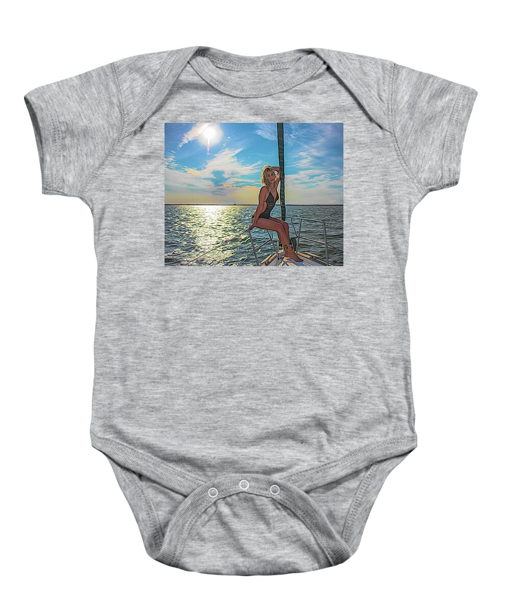 Blonde Baby Onesie featuring the photograph Carrie on a Yacht by Alan Goldberg