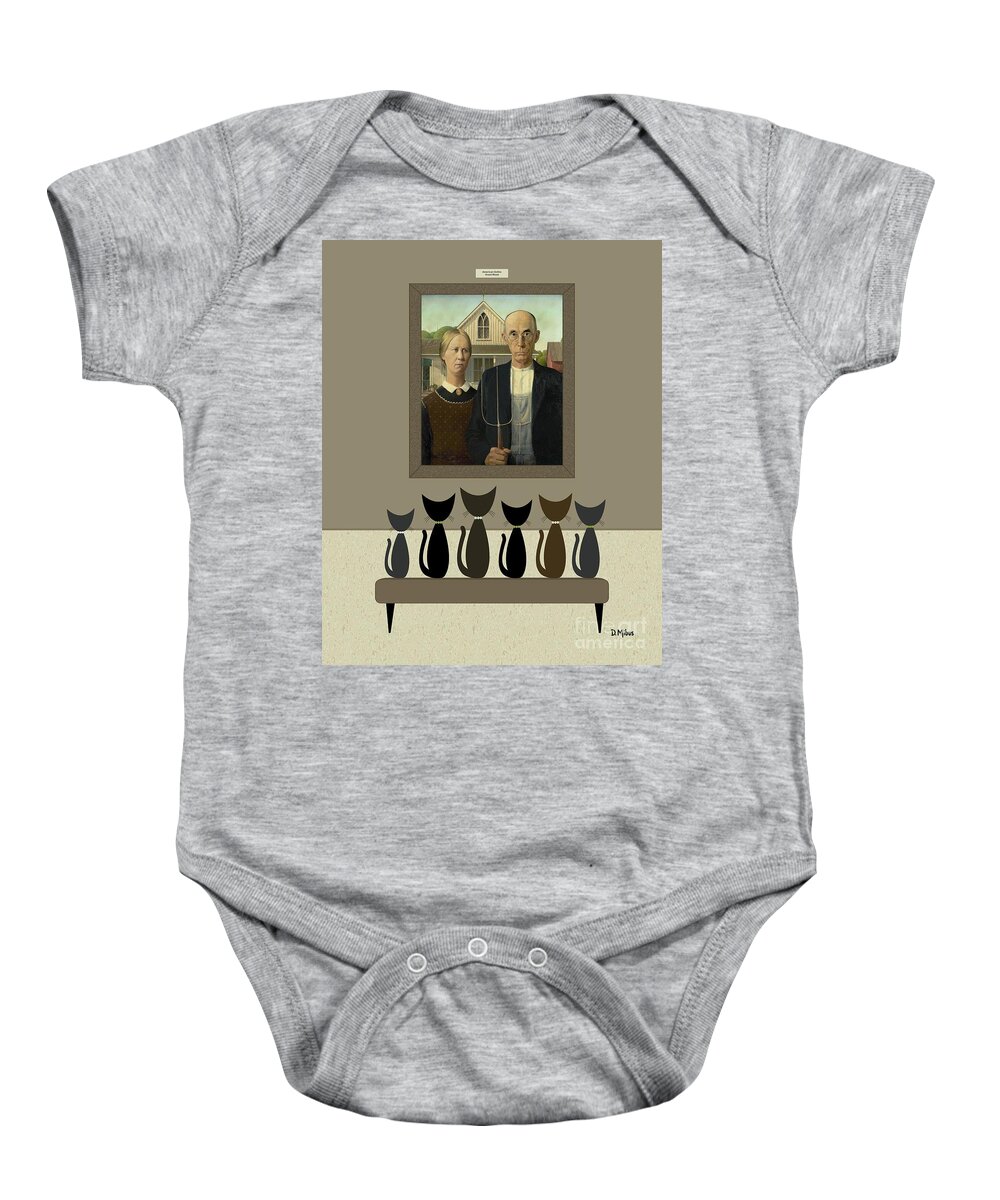 Grant Wood Baby Onesie featuring the digital art Cats Contemplate American Gothic by Donna Mibus