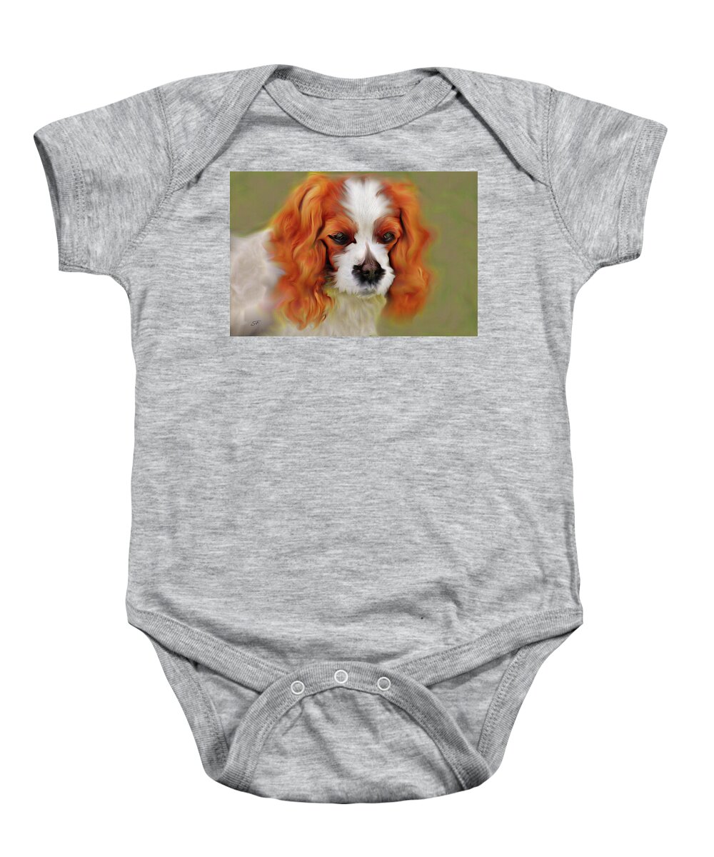 Red Baby Onesie featuring the mixed media Cavalier King Charles Spaniel, Red Dog Portrait by Shelli Fitzpatrick