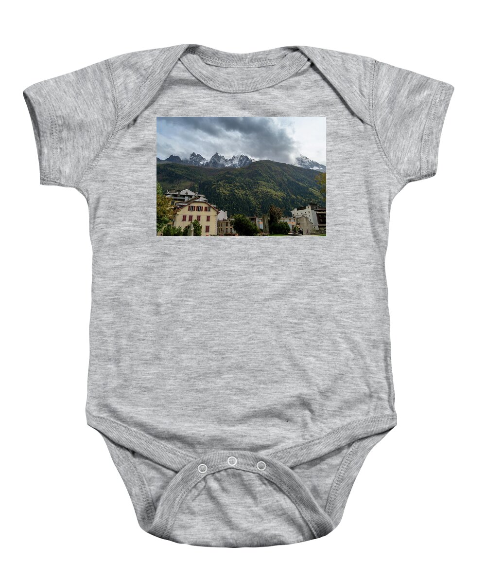 France Baby Onesie featuring the photograph Chamonix looking up to Mont Blanc by Andrew Lalchan
