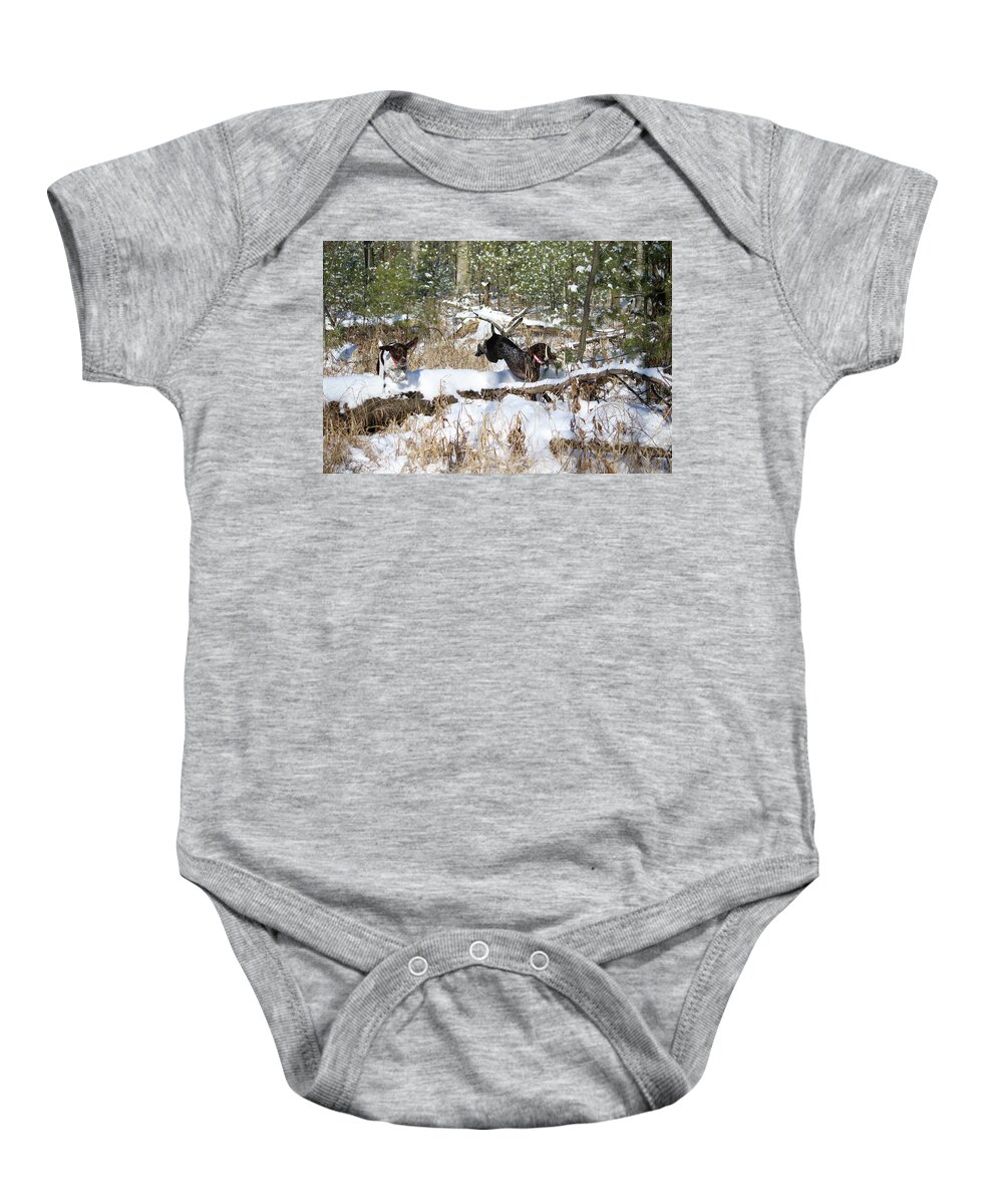 German Shorthaired Pointers Baby Onesie featuring the photograph Chase with Shed Antler by Brook Burling