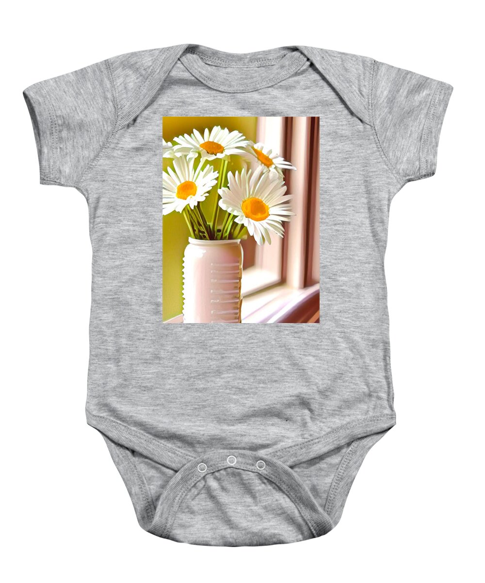Windowsill Baby Onesie featuring the mixed media Cheerful Daisies by Bonnie Bruno
