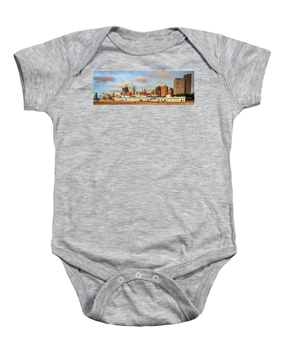 Chicago Skyline Baby Onesie featuring the photograph Chicago Skyline Panorama From North Avenue Beach by Gregory Ballos