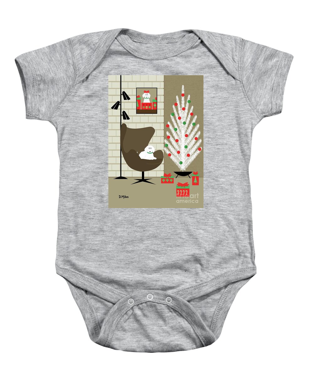 Mid Century Dog Baby Onesie featuring the digital art Christmas Room with White Dog by Donna Mibus