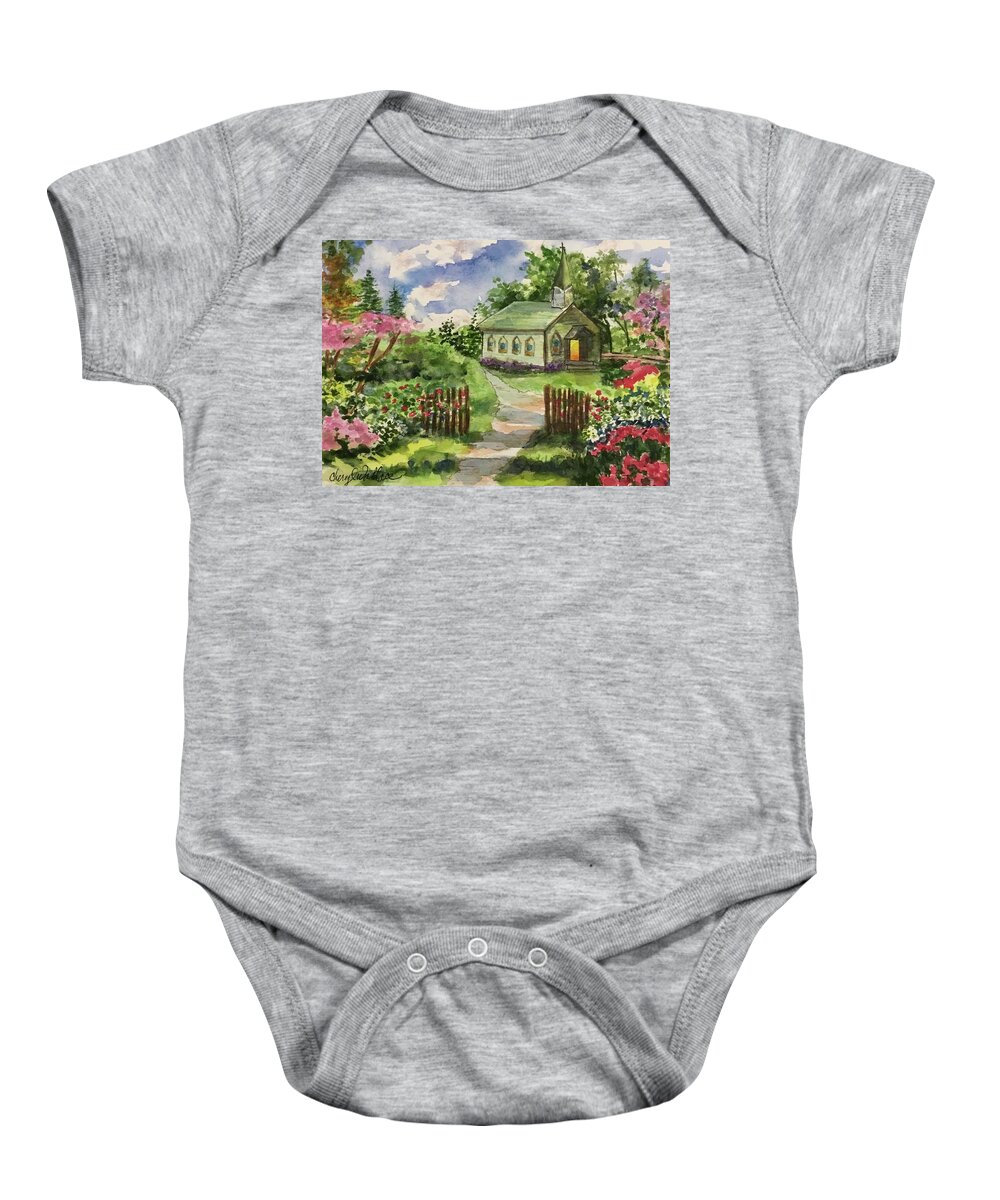 Kirk Baby Onesie featuring the painting Church by the Wildwood by Cheryl Wallace