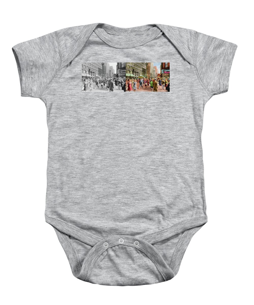 Chicago Baby Onesie featuring the photograph City - Chicago - Shopping Crowds 1940 - Side by Side by Mike Savad