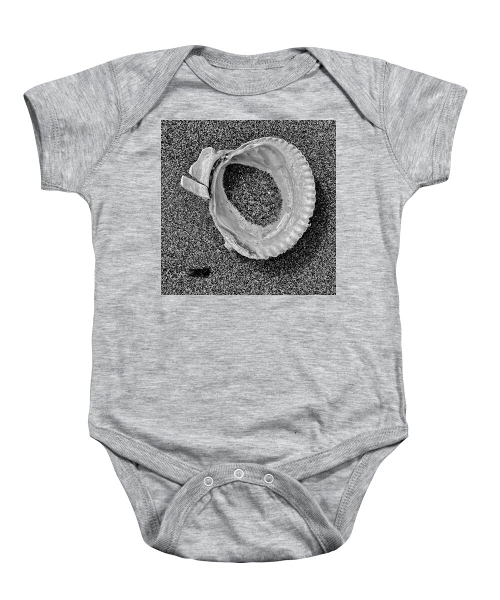 Black And White Baby Onesie featuring the photograph Clam Shell - Sandy Beach bw by Jerry Abbott