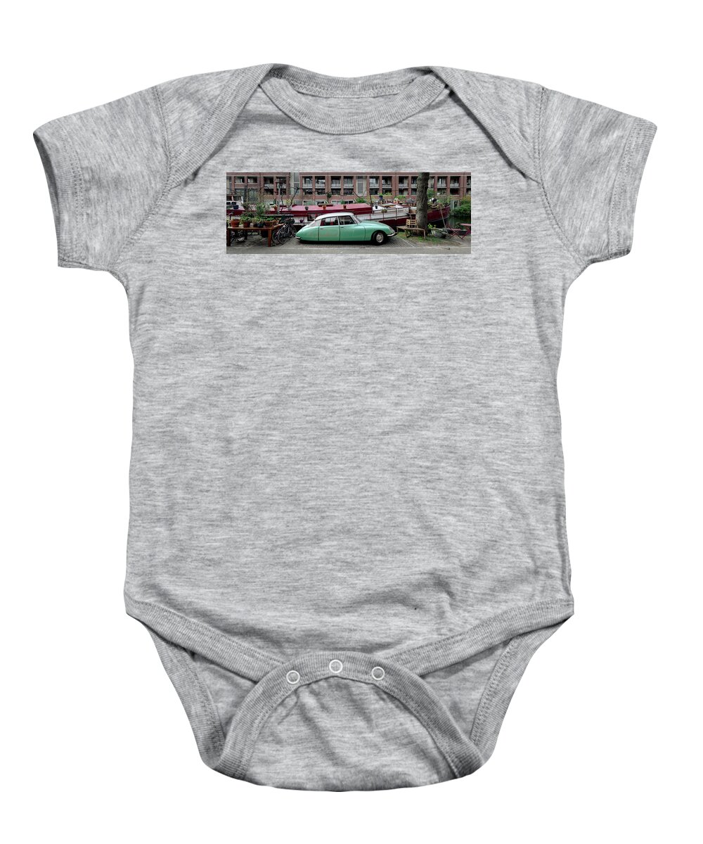 Amsterdam Baby Onesie featuring the photograph Classic citreon car and canal boathouse Amsterdam by Sonny Ryse