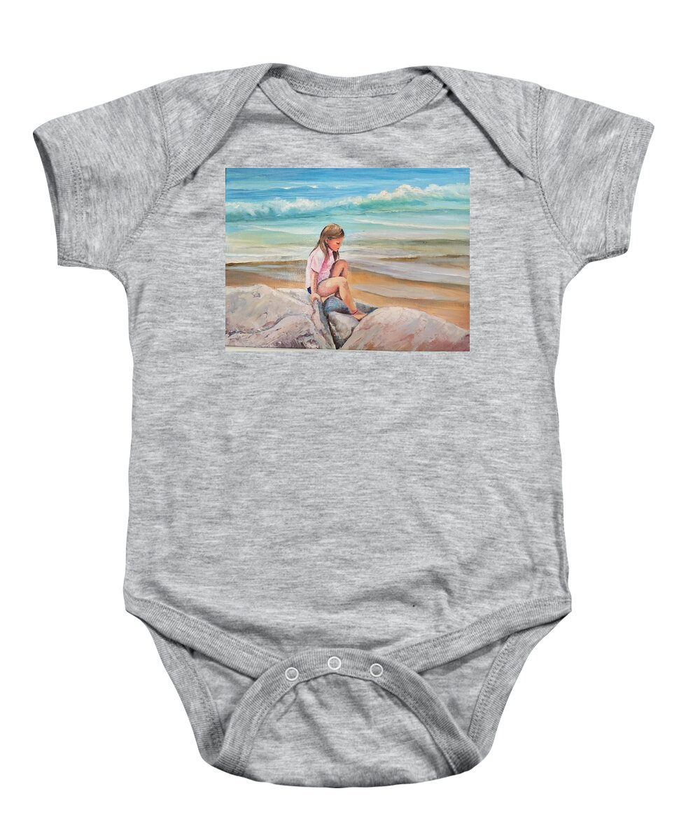Beach Baby Onesie featuring the painting Climbing on the Rocks by Judy Rixom