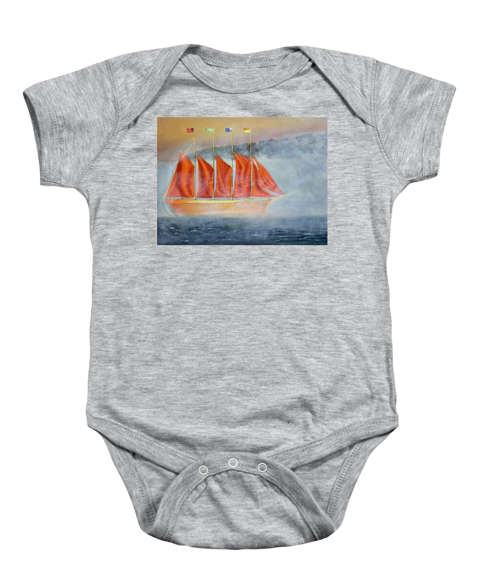 Clipper Ship Sailboat Large Orange Sail Ship Fog Clipper Ship Baby Onesie featuring the painting Clipper Ship in the Mist by Dorsey Northrup