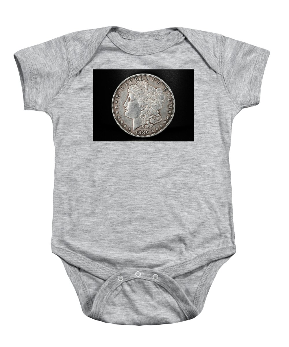 Antique Baby Onesie featuring the photograph Coin Collecting - 1886 Morgan Dollar Face Side by Amelia Pearn
