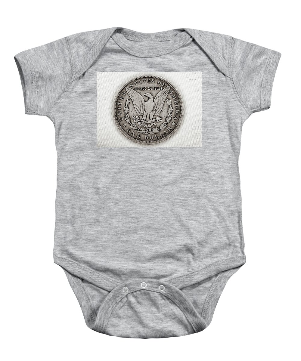 Antique Baby Onesie featuring the photograph Coin Collecting - 1887 Morgan Dollar Eagle Side by Amelia Pearn