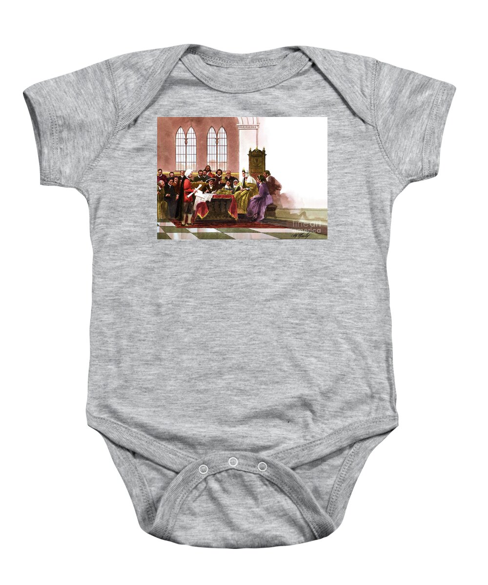 Tom Mcneely Baby Onesie featuring the painting Columbus - Seeking Queen Isabella's Support by Tom McNeely