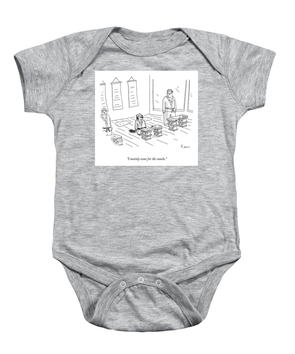 I Mainly Come For The Snacks.” Karate Baby Onesie featuring the drawing Come for the Snacks by Zachary Kanin