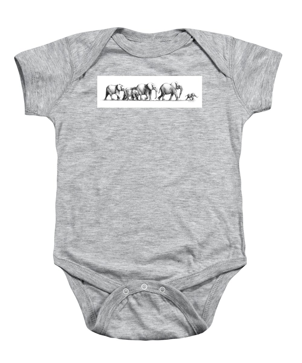 Elephants Baby Onesie featuring the drawing Come on, Keep up by Paul Dene Marlor