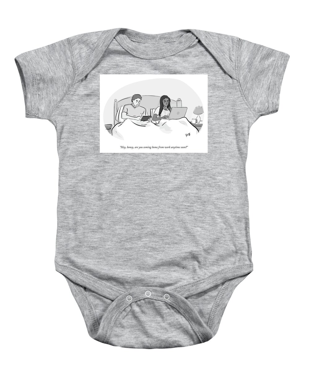 Hey Baby Onesie featuring the drawing Coming Home From Work by Brooke Bourgeois