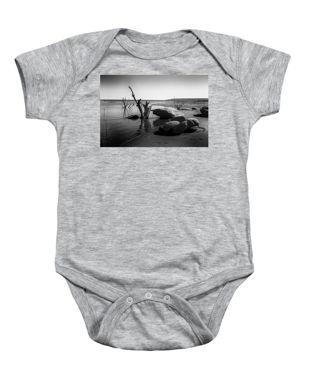 Black And White Baby Onesie featuring the photograph Conchas Lake New Mexico Low Water by Mary Lee Dereske