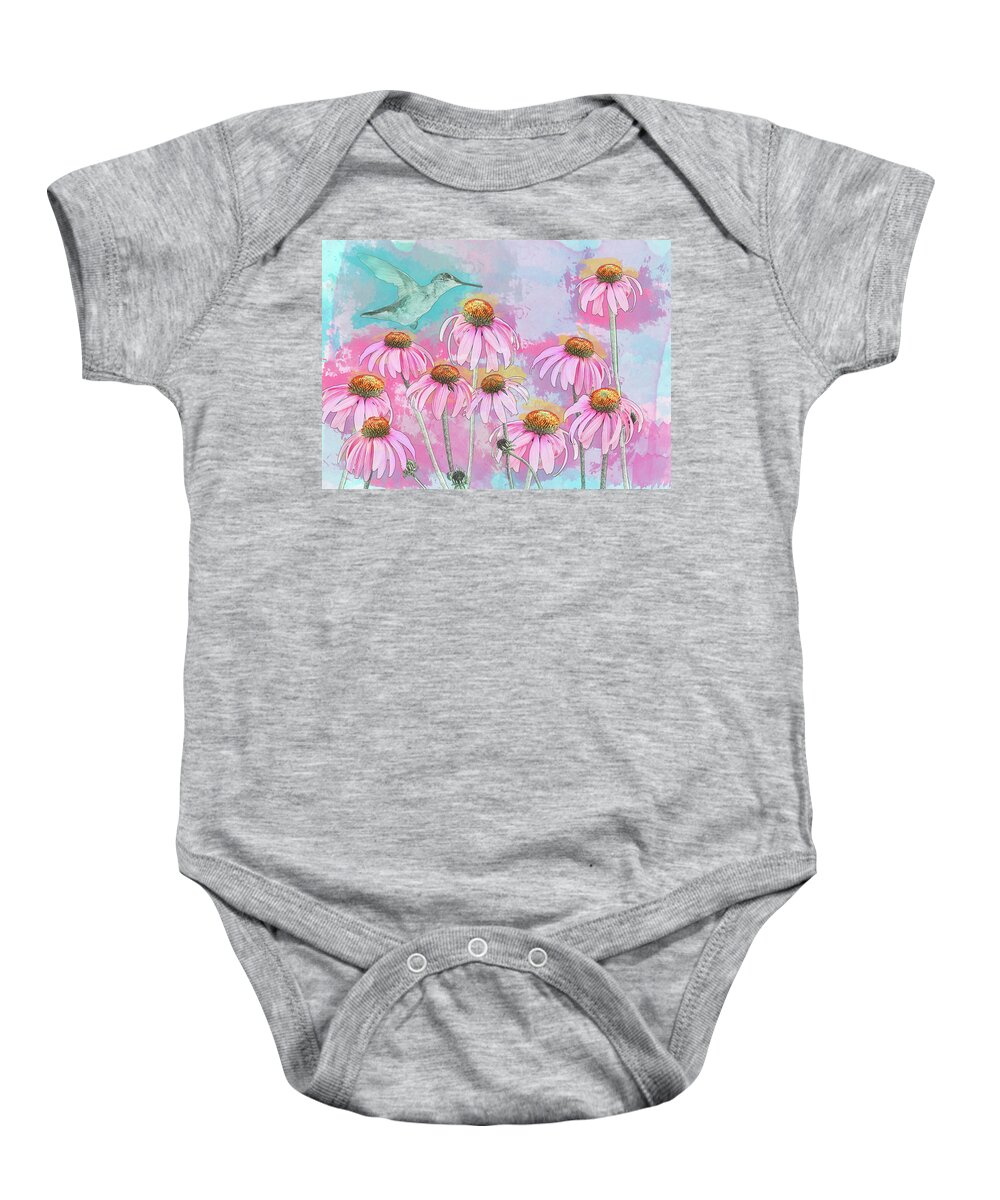 Hummingbird Baby Onesie featuring the photograph Coneflower Hummingbird Watercolor by Patti Deters