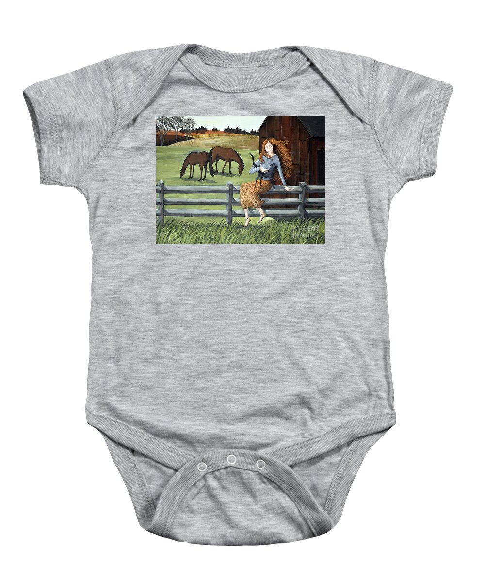 Country Baby Onesie featuring the painting Country Girl farm horse cat by Debbie Criswell