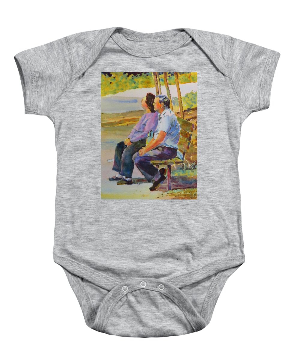 Park Baby Onesie featuring the painting Couple on a Bench at Lemoine's Point by David Gilmore