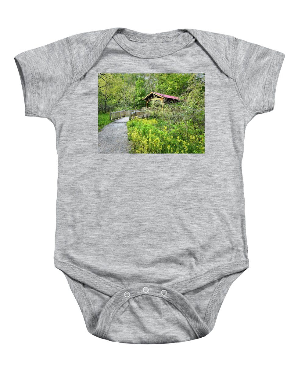 Carolina Baby Onesie featuring the photograph Covered Bridge along the River Walk by Debra and Dave Vanderlaan