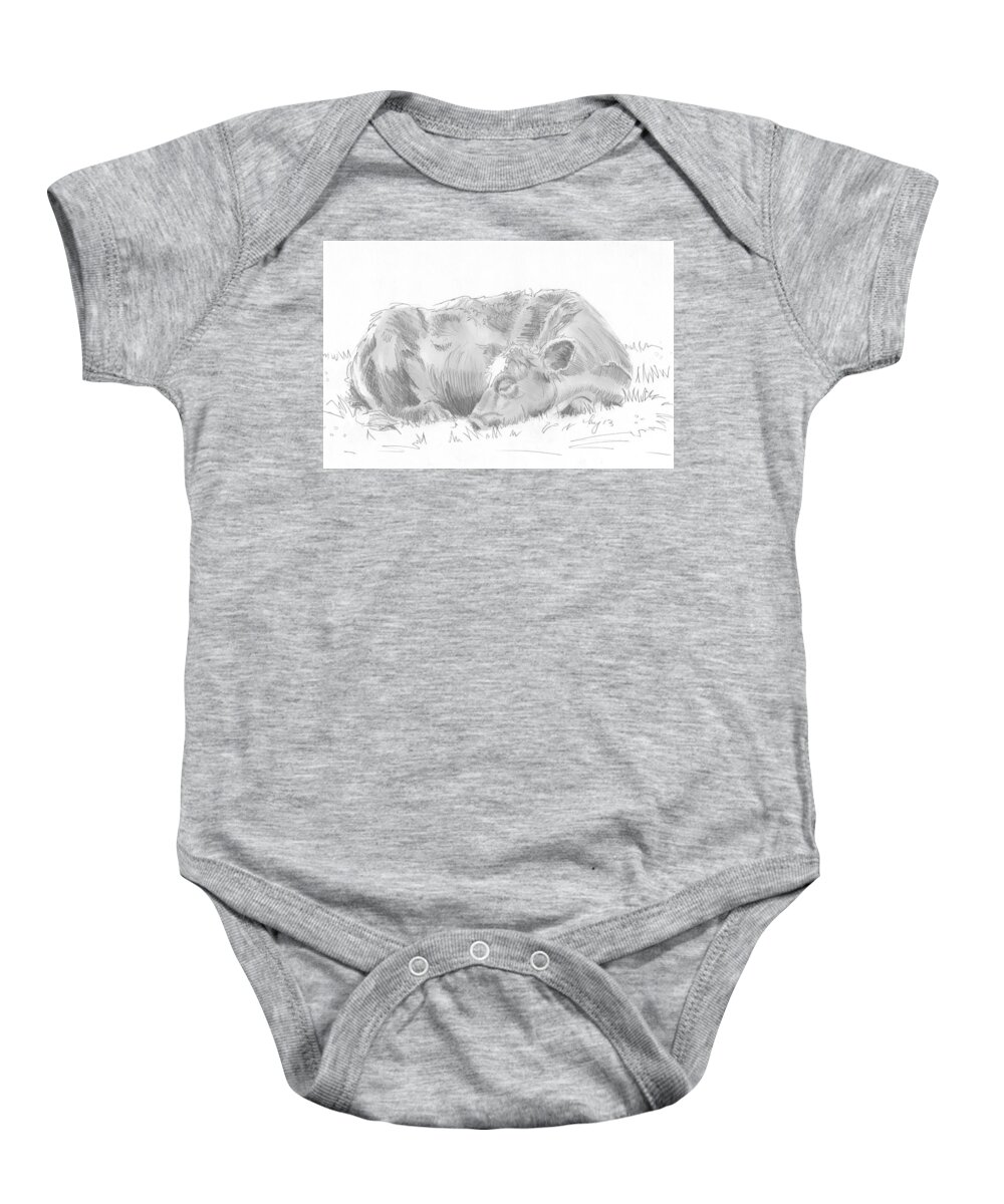 Cow Baby Onesie featuring the drawing Cow lying down asleep drawing by Mike Jory