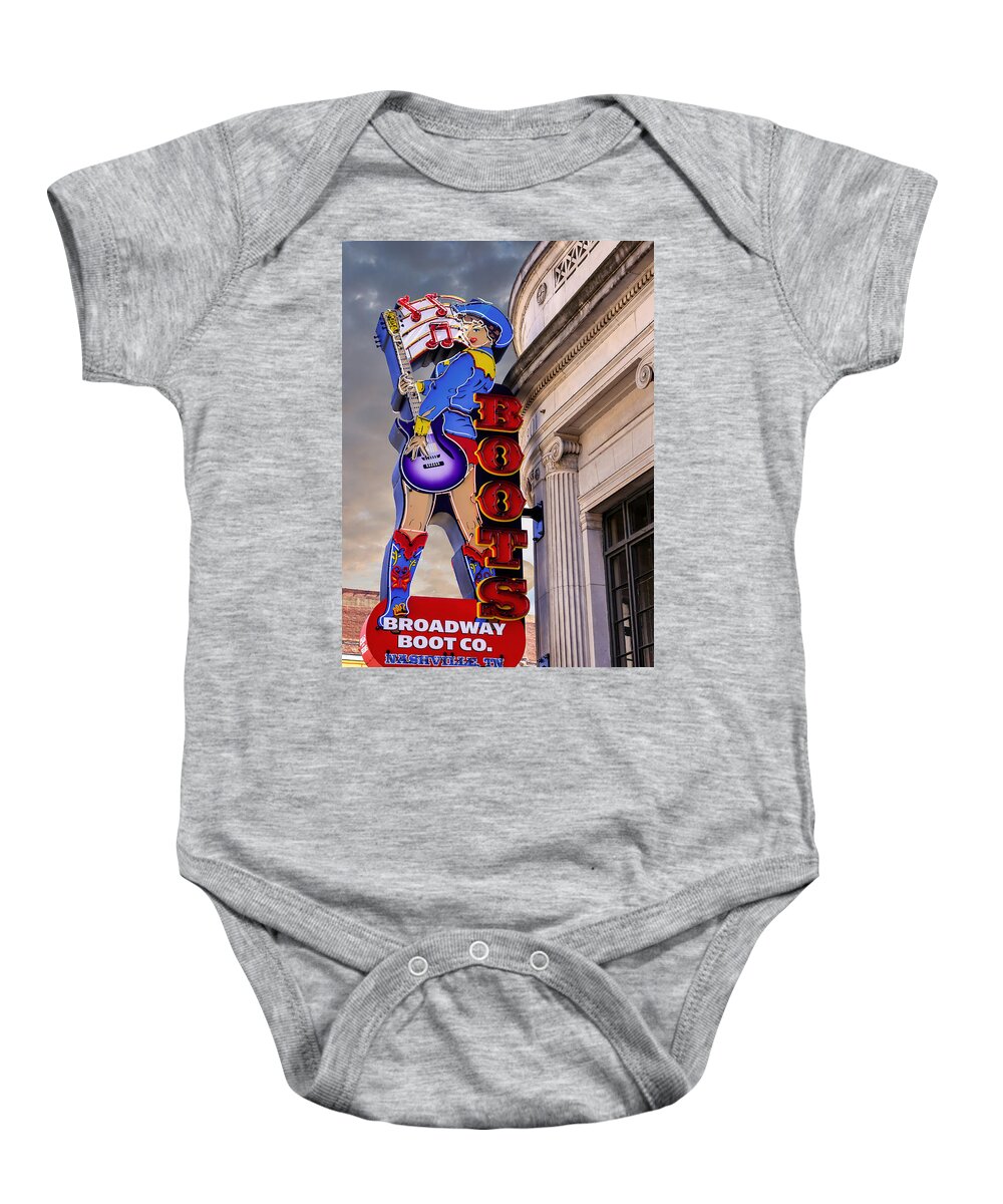 Neon Baby Onesie featuring the photograph Cowgirl neon sign Nashville TN by Chris Smith