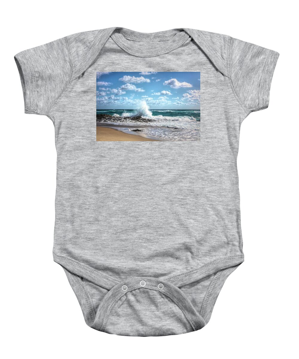 Clouds Baby Onesie featuring the photograph Crashing into Shore by Debra and Dave Vanderlaan