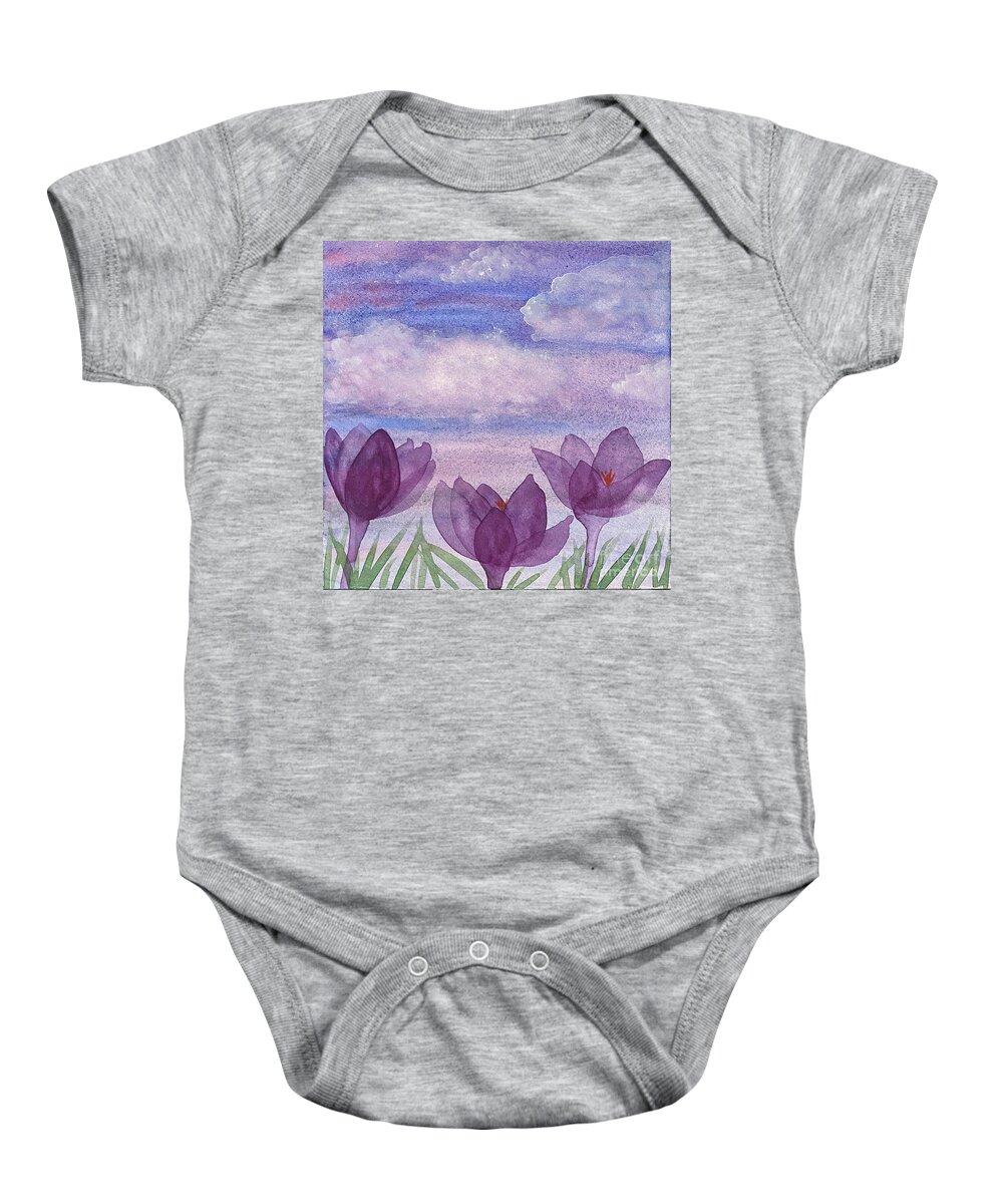 Crocuses Baby Onesie featuring the painting Crocuses and Clouds by Lisa Neuman