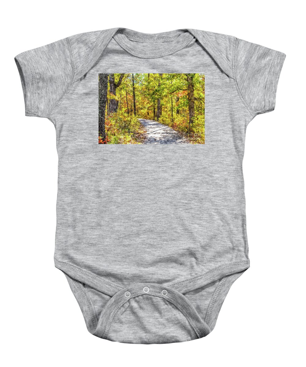 Ha Ha Tonka Baby Onesie featuring the photograph Curved Fall Season Pathway Painterly by Jennifer White