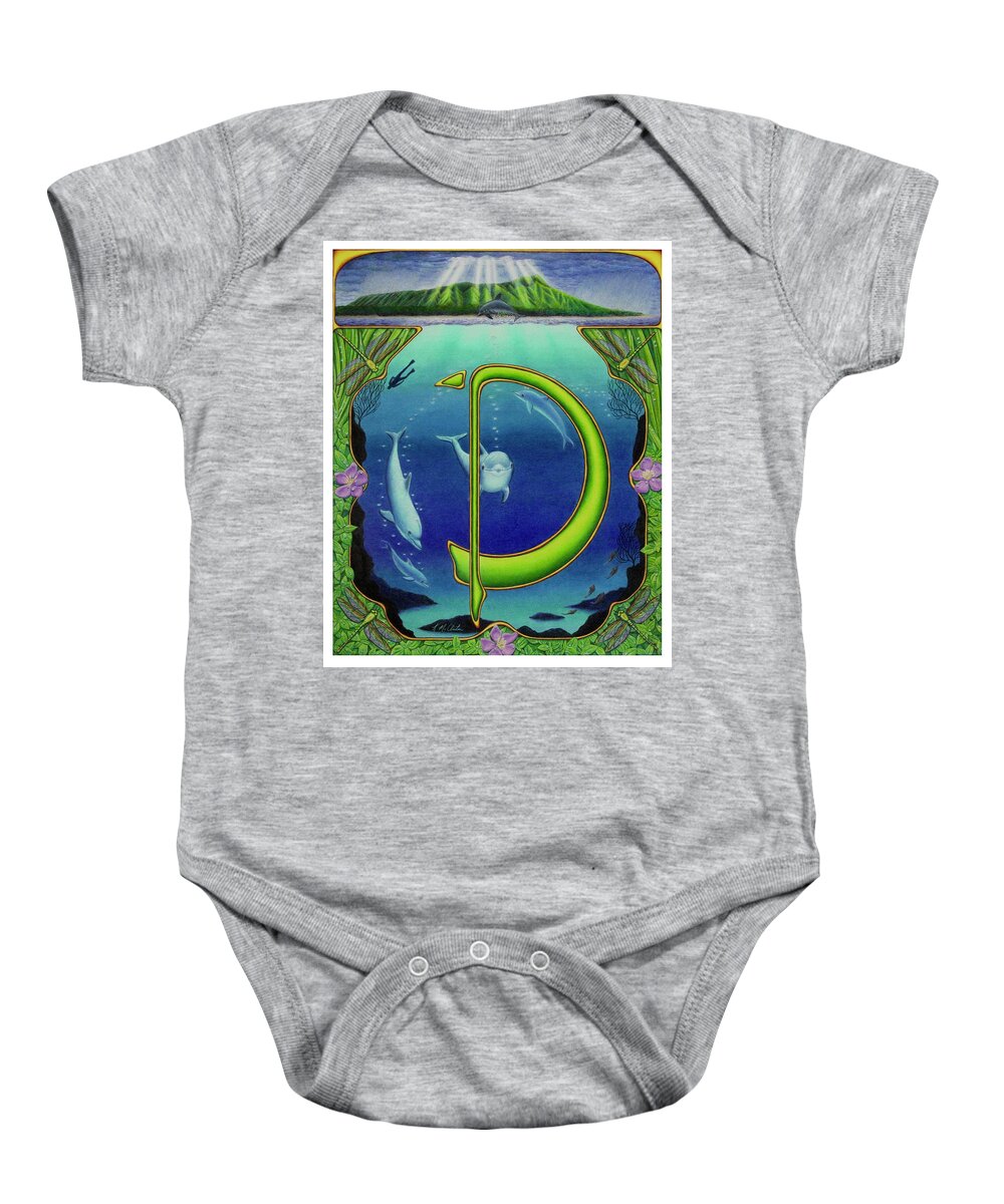 Kim Mcclinton Baby Onesie featuring the drawing D is for Dolphin by Kim McClinton