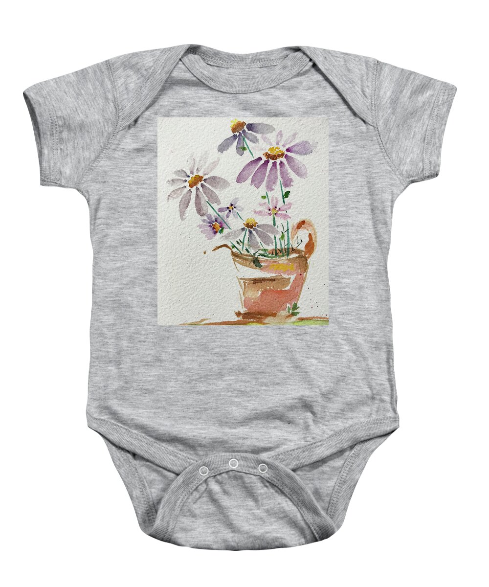 Daisy Baby Onesie featuring the painting Daisies in a Rusty Copper Pitcher by Roxy Rich