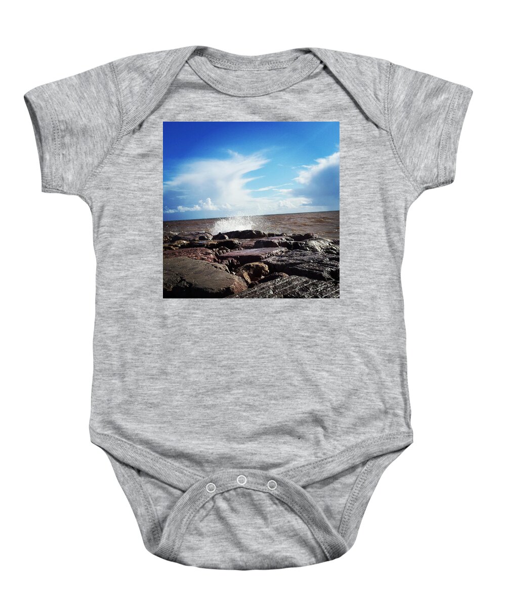 Mouvement Baby Onesie featuring the photograph Dance of a wave and the sky, portugal by Joelle Philibert