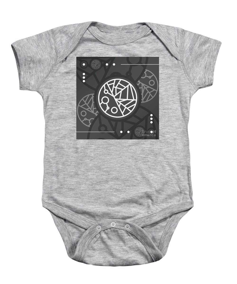Abstract Baby Onesie featuring the mixed media Dark Steely Geometric Glyph Art in Black Gray and White n.0305 by Holy Rock Design